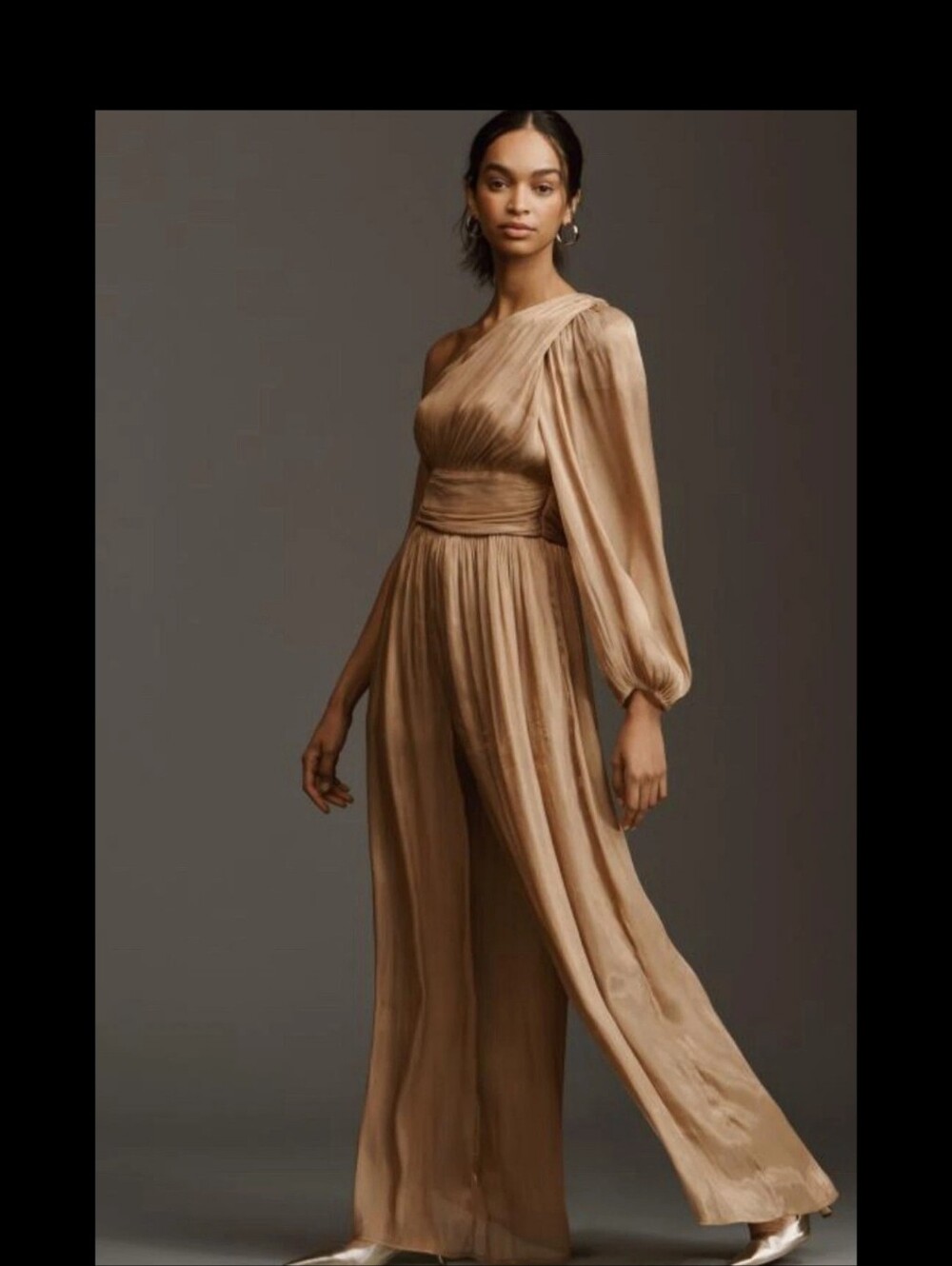 Anthropologie One-Shoulder Satin Jumpsuit in Camel